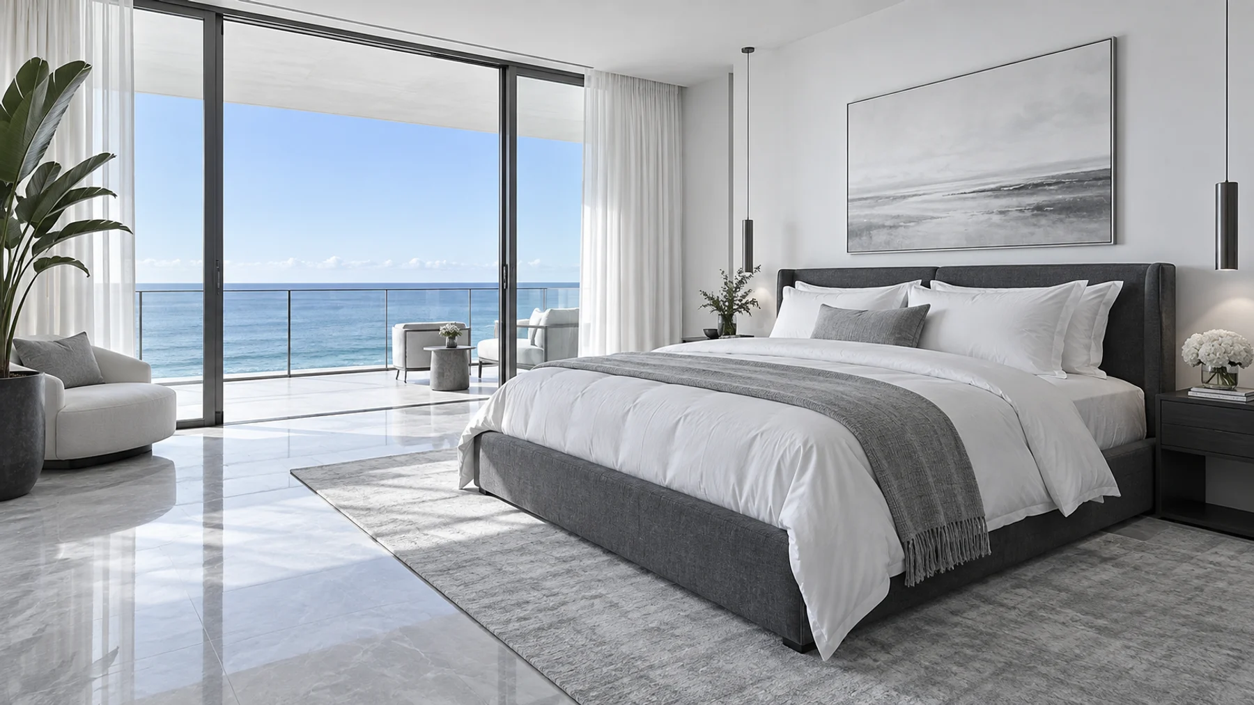 A sunlit, white-linen bed in an airy oceanfront bedroom